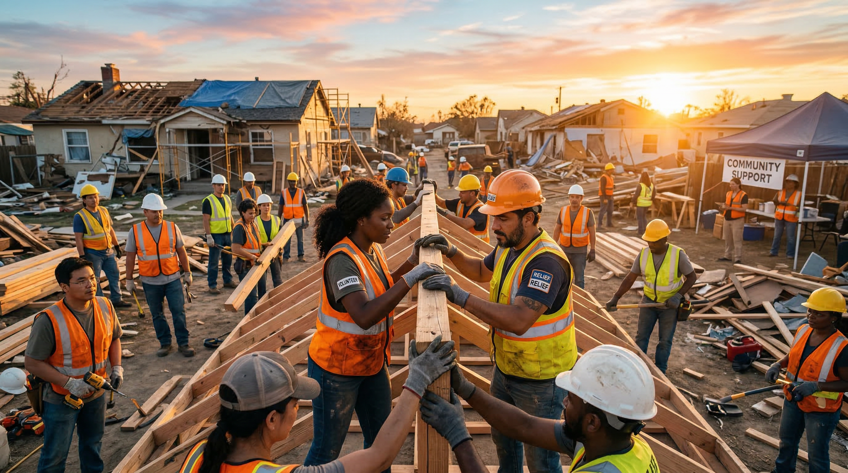 Volunteers rebuilding a community after disaster