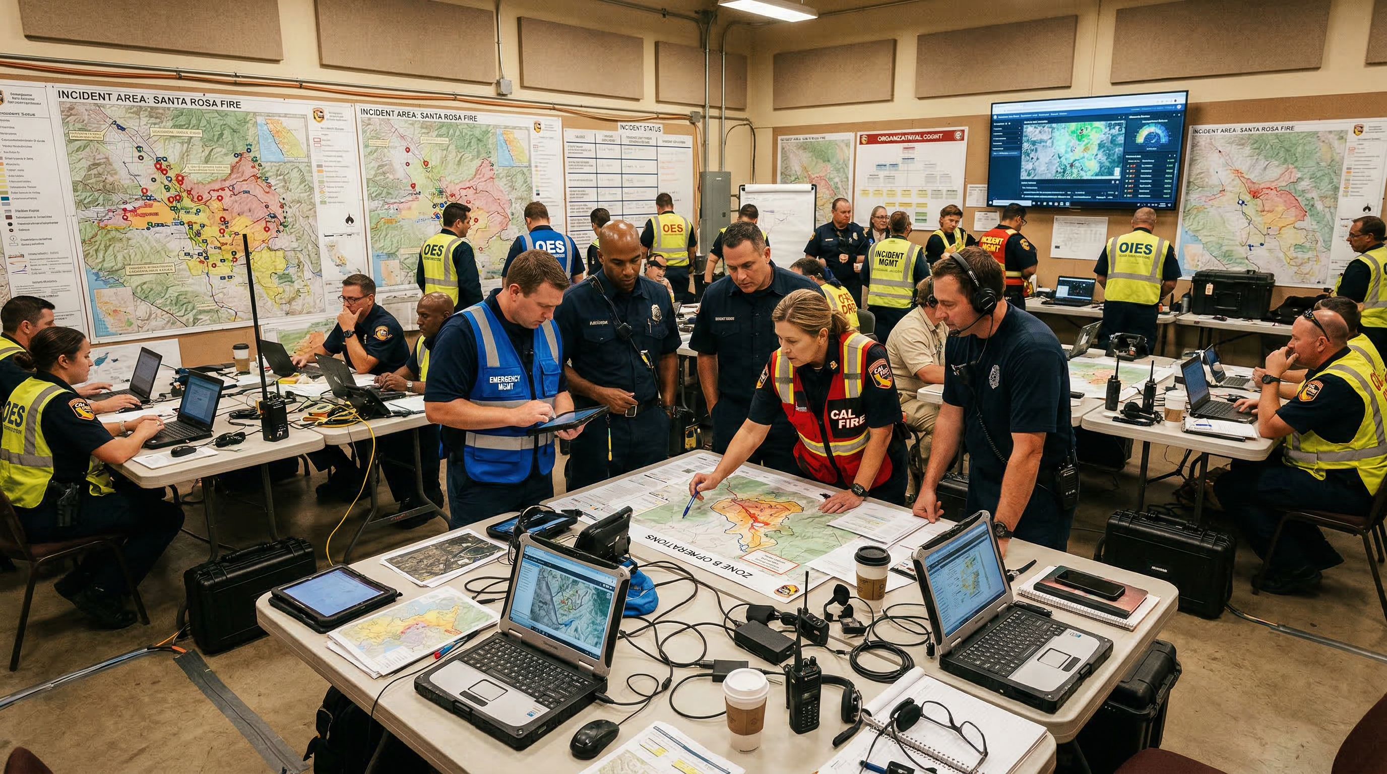 Field operations center with maps and communication equipment