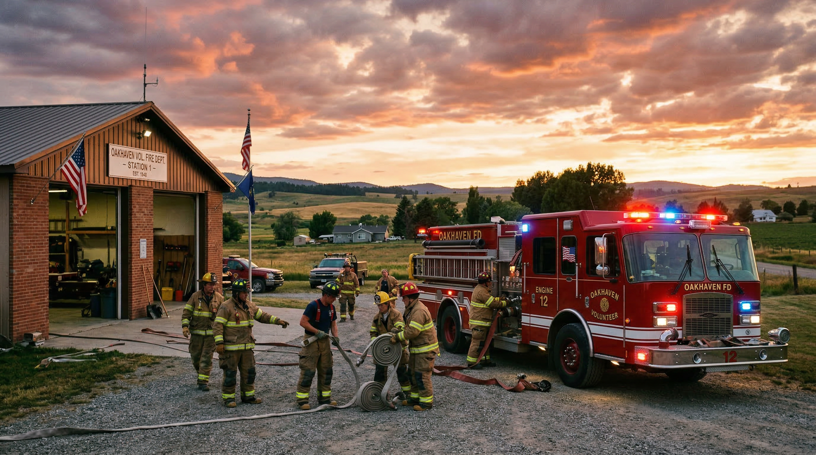 Volunteer firefighters at a rural fire station with fire engine
